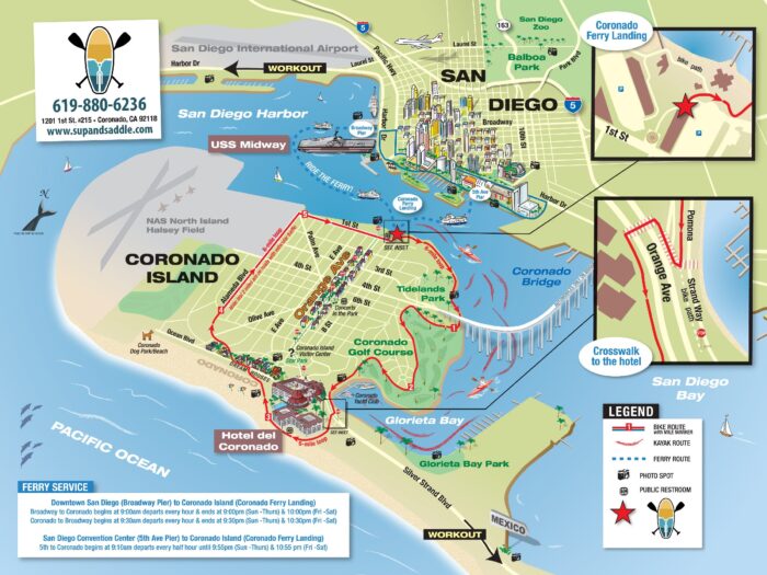 Bike map of Coronado Island detailing points of interest such as Hotel Del Coronado and the Coronado Bridge